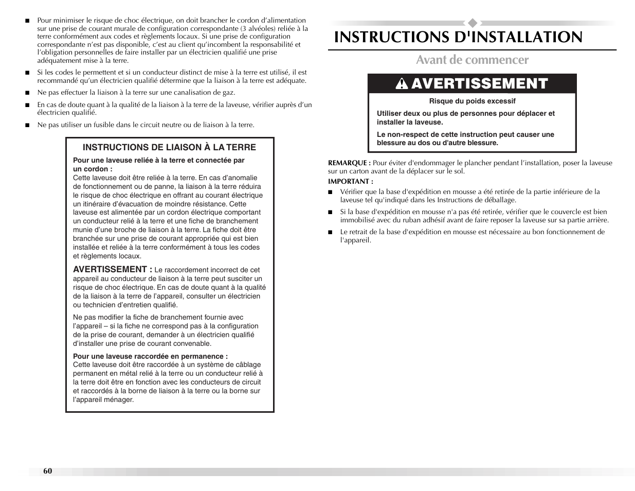 Instructions d'installation, Avertissement, Avant de commencer | Maytag BRAVOSTM User Manual | Page 60 / 84