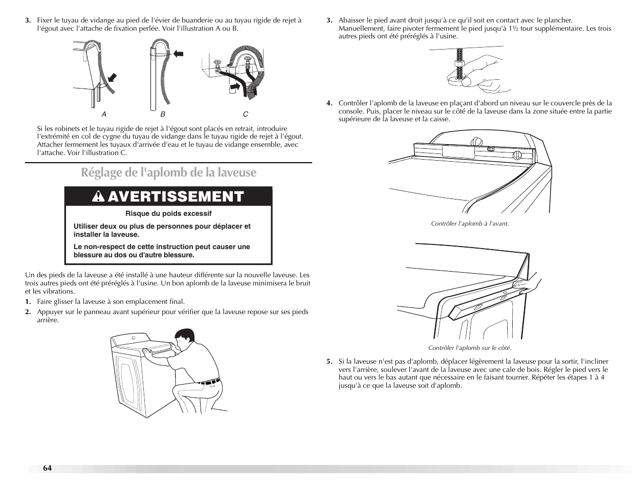 Avertissement, Réglage de l'aplomb de la laveuse | Maytag BRAVOSTM User Manual | Page 64 / 84