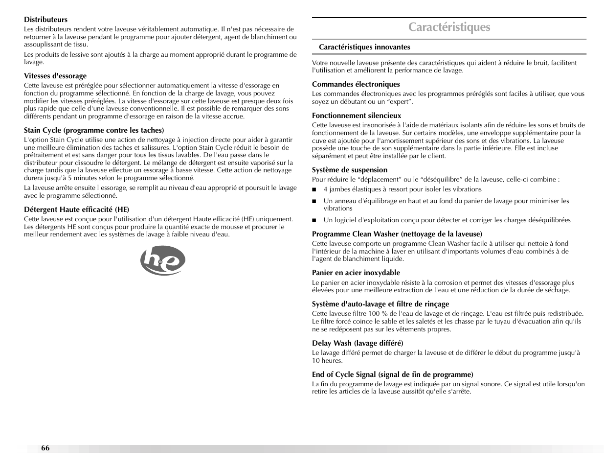 Caractéristiques | Maytag BRAVOSTM User Manual | Page 66 / 84