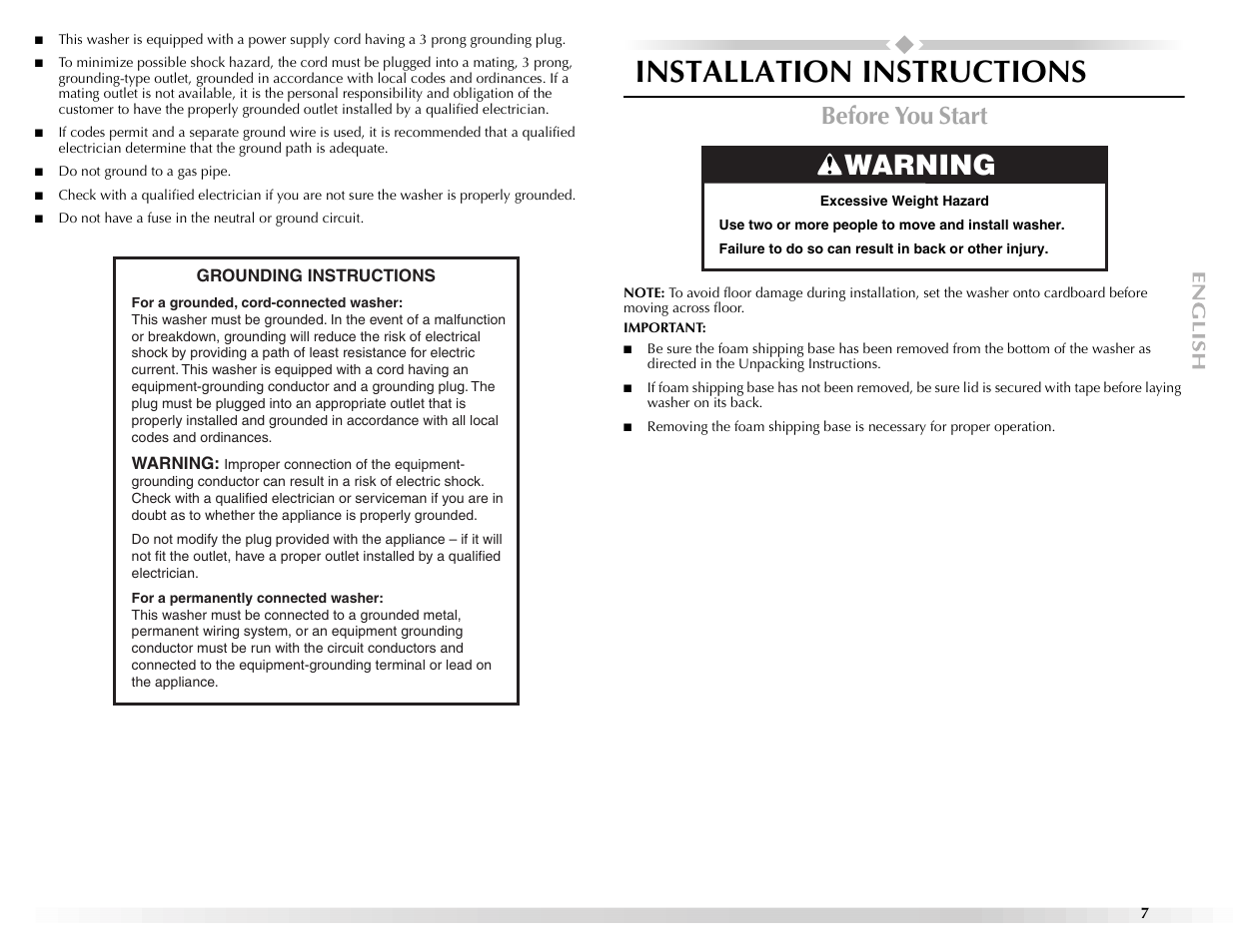 Installation instructions, Warning, Before you start | Maytag BRAVOSTM User Manual | Page 7 / 84