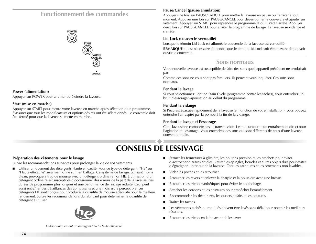 Conseils de lessivage, Fonctionnement des commandes, Sons normaux | Maytag BRAVOSTM User Manual | Page 74 / 84