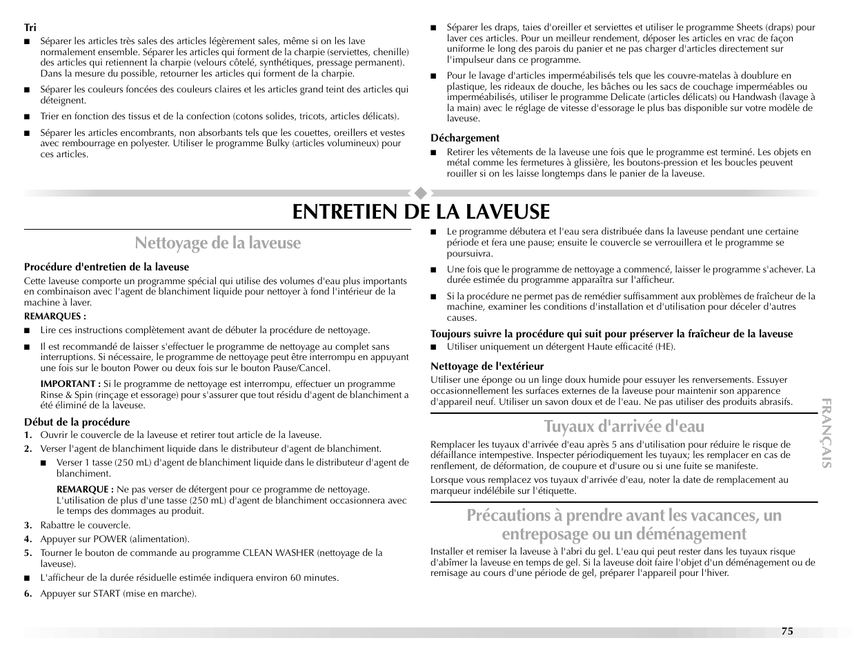 Entretien de la laveuse, Nettoyage de la laveuse, Tuyaux d'arrivée d'eau | Maytag BRAVOSTM User Manual | Page 75 / 84