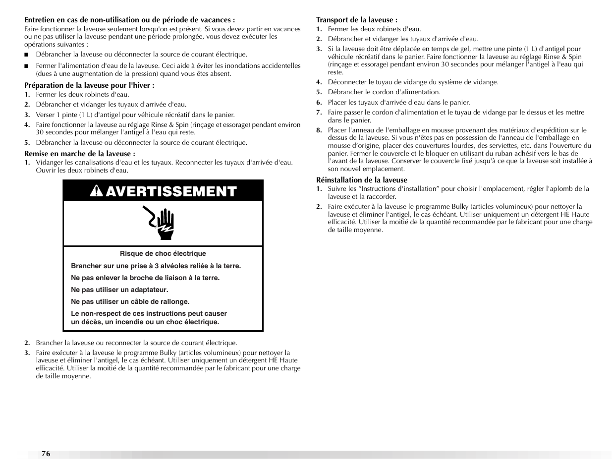 Avertissement | Maytag BRAVOSTM User Manual | Page 76 / 84