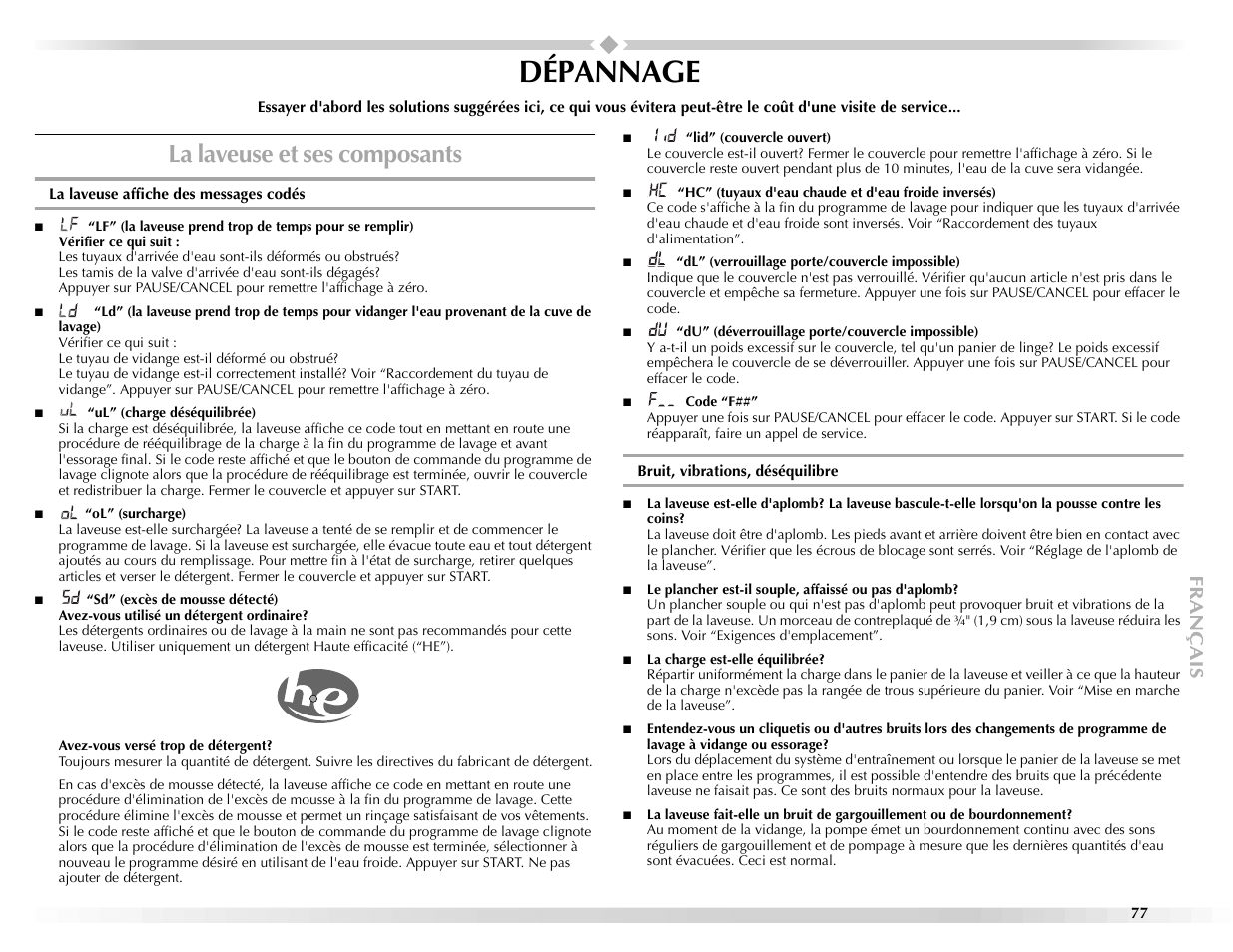 Dépannage, La laveuse et ses composants | Maytag BRAVOSTM User Manual | Page 77 / 84
