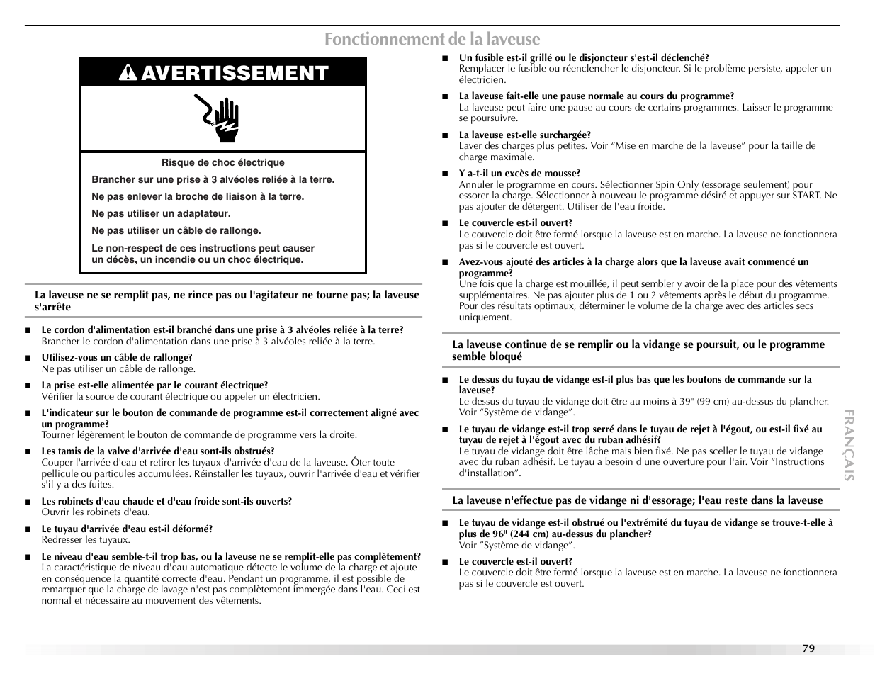 Avertissement, Fonctionnement de la laveuse | Maytag BRAVOSTM User Manual | Page 79 / 84