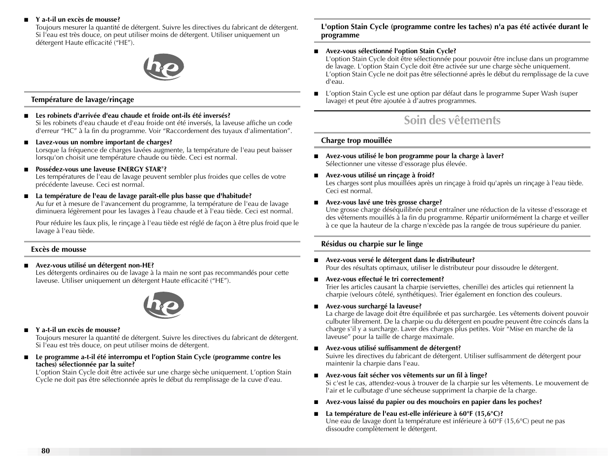 Soin des vêtements | Maytag BRAVOSTM User Manual | Page 80 / 84