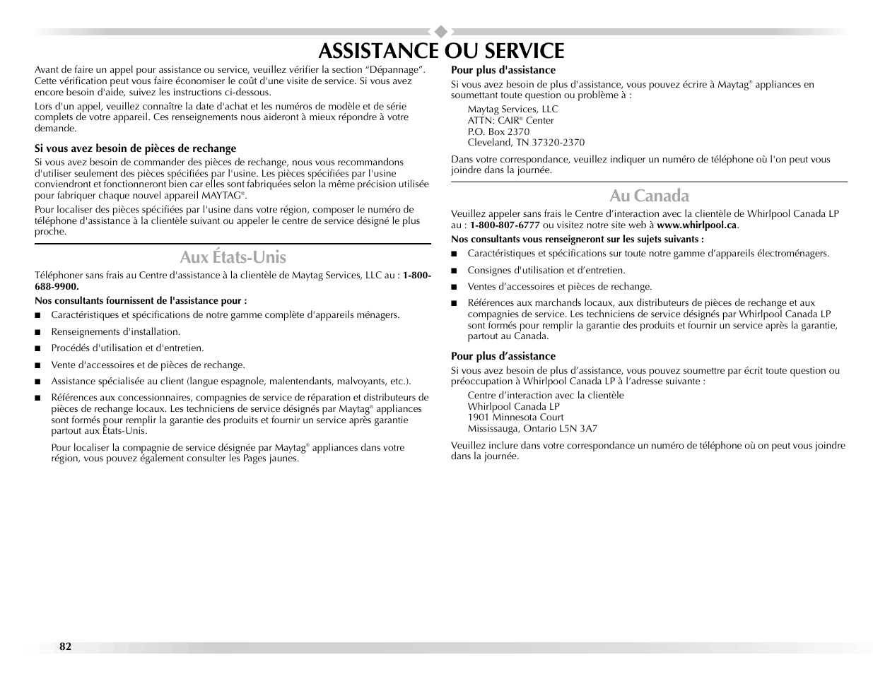 Assistance ou service, Aux états-unis, Au canada | Maytag BRAVOSTM User Manual | Page 82 / 84