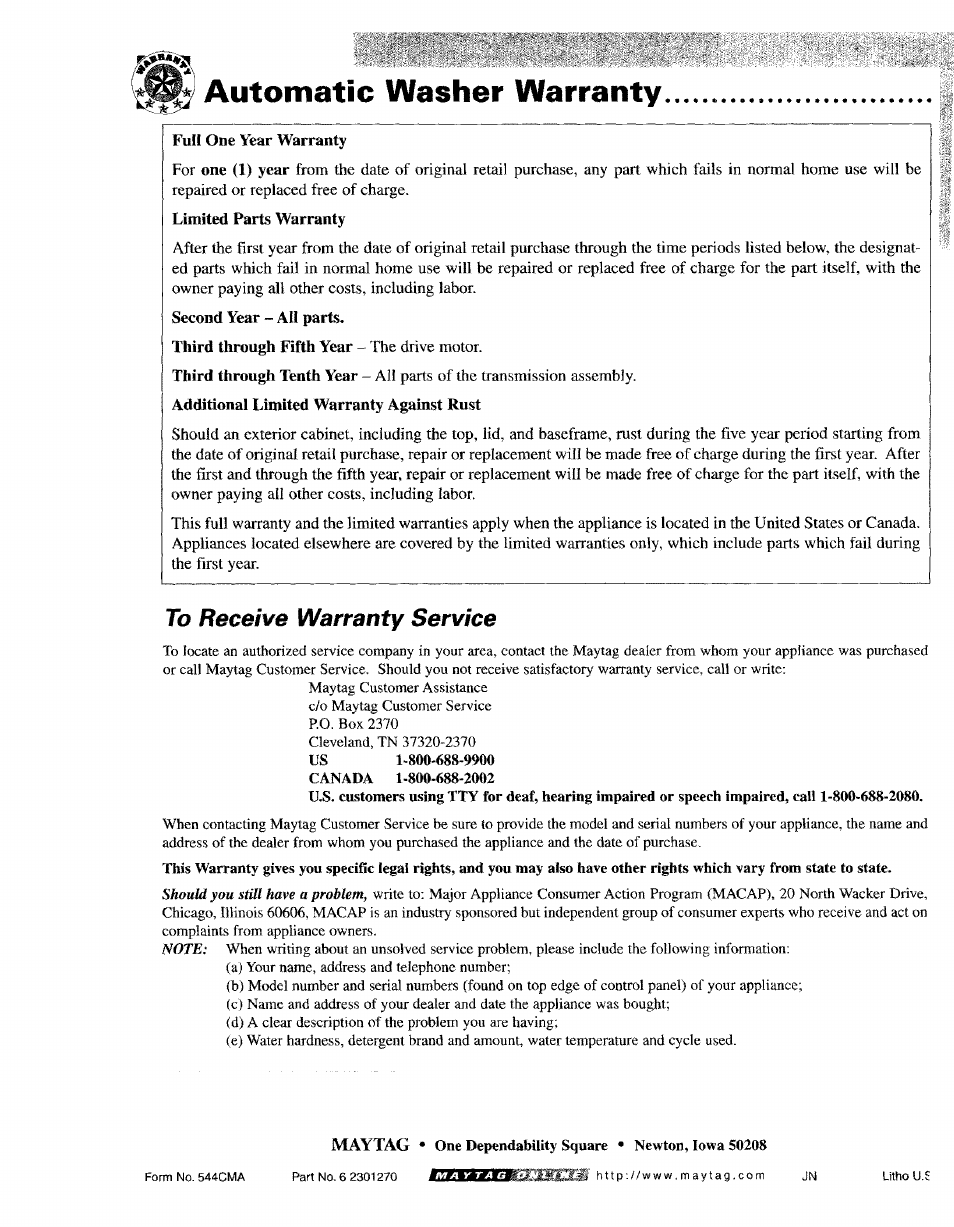 Automatic washer warranty, To receive warranty service | Maytag LAT8416 User Manual | Page 11 / 11