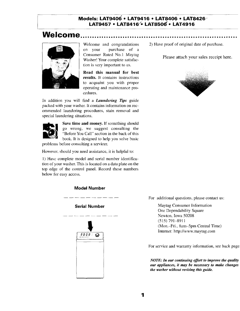 Welcome, Model number, Serial number | Maytag LAT8416 User Manual | Page 2 / 11