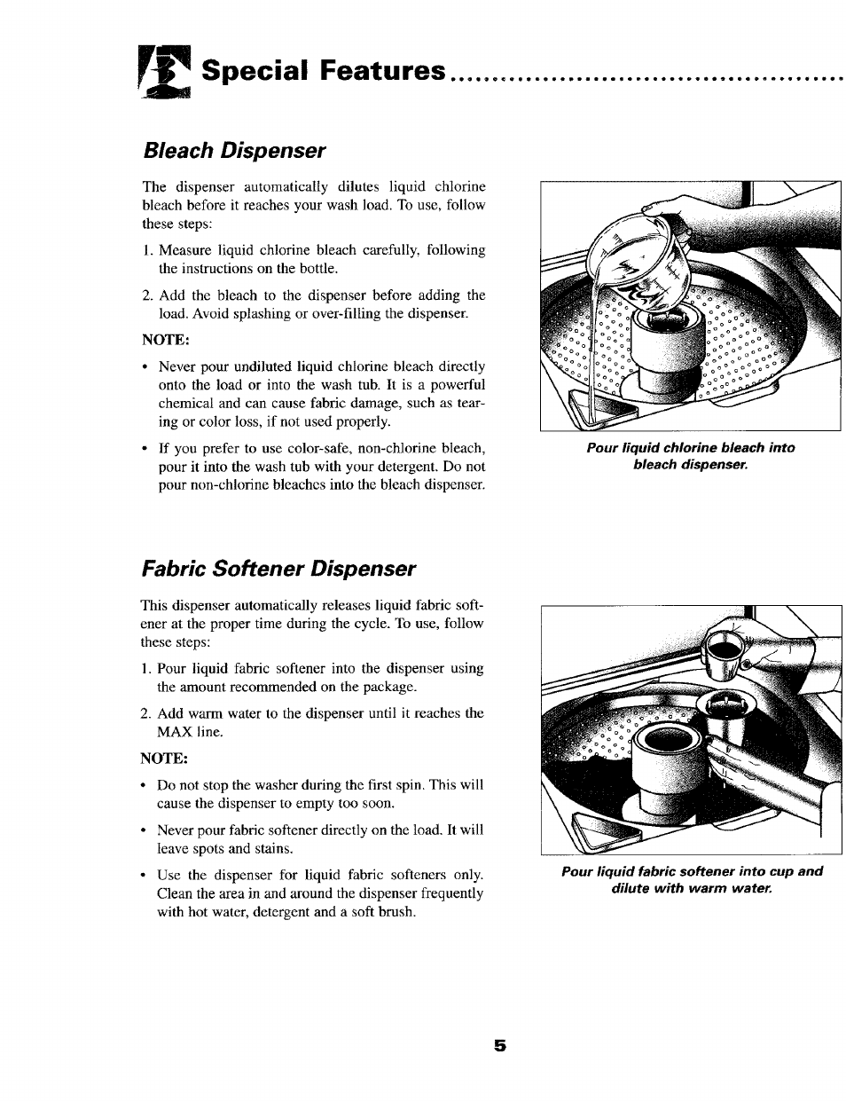 Special features, B/each dispenser, Fabric softener dispenser | Maytag LAT8416 User Manual | Page 6 / 11