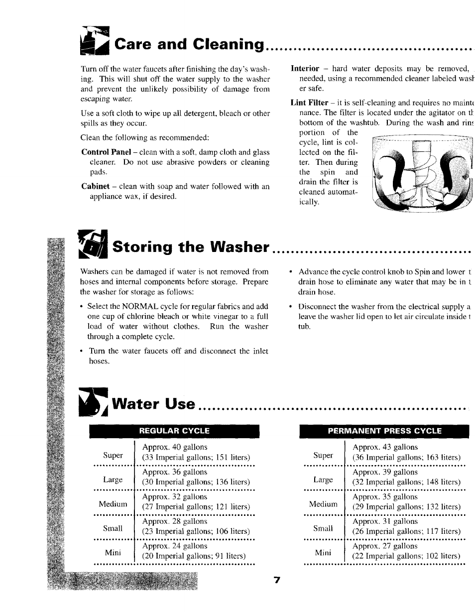 Care and cleaning, Storing the washer, Water use | Maytag LAT8416 User Manual | Page 8 / 11