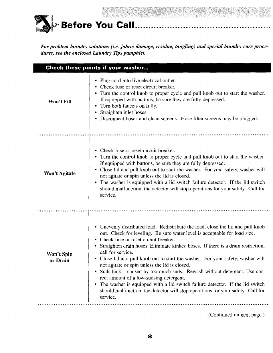 Before you call, Check these points if your washer | Maytag LAT8416 User Manual | Page 9 / 11