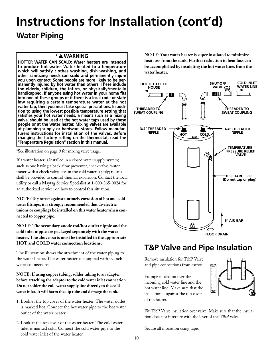 Instructions for installation (cont’d), Water piping, T&p valve and pipe insulation | Warning | Maytag HRX40DERS User Manual | Page 10 / 32