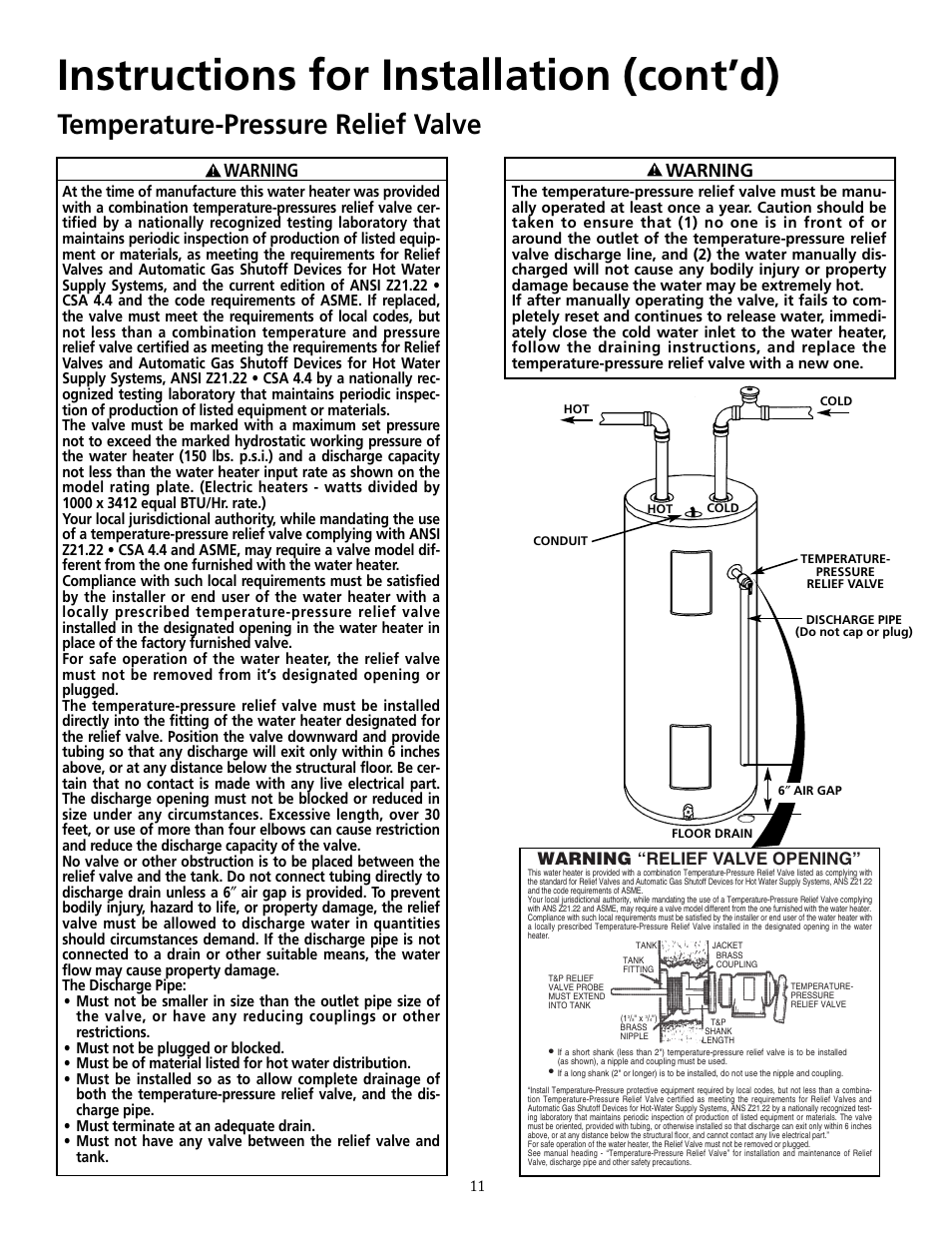 Instructions for installation (cont’d), Temperature-pressure relief valve, Warning | Maytag HRX40DERS User Manual | Page 11 / 32