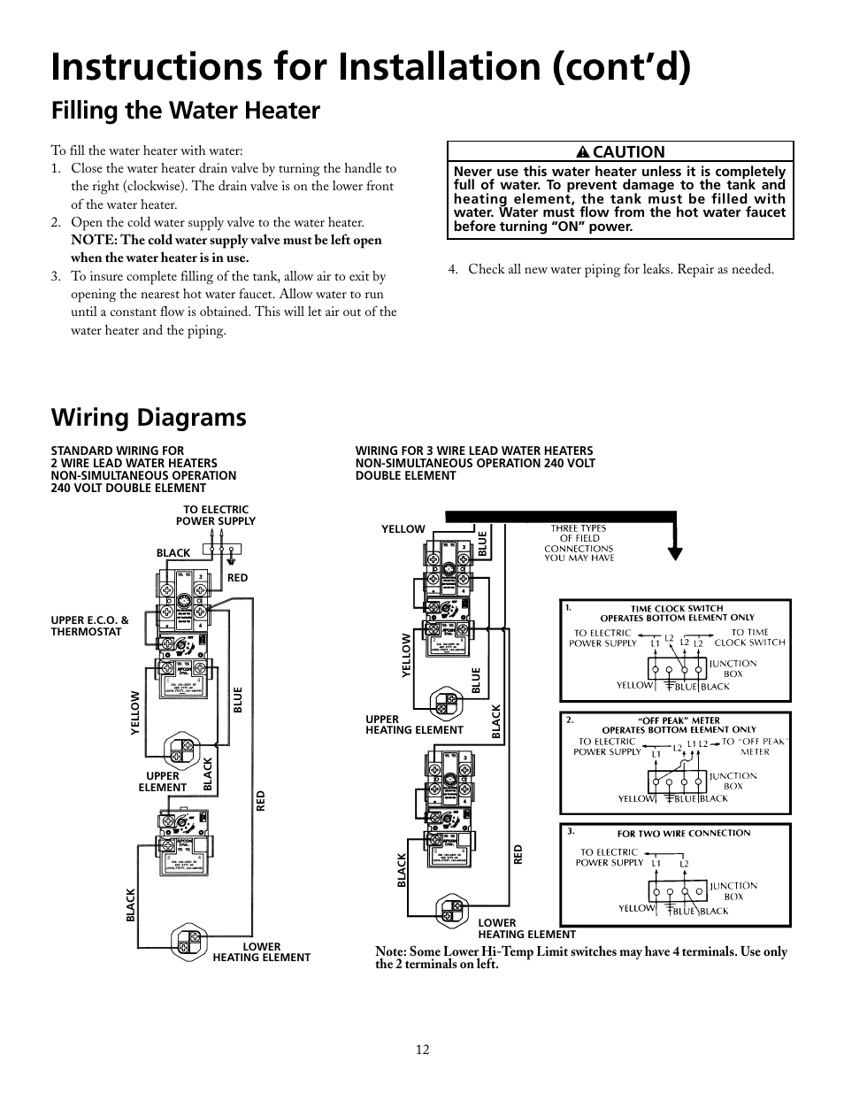 Instructions for installation (cont’d), Filling the water heater, Wiring diagrams | Maytag HRX40DERS User Manual | Page 12 / 32