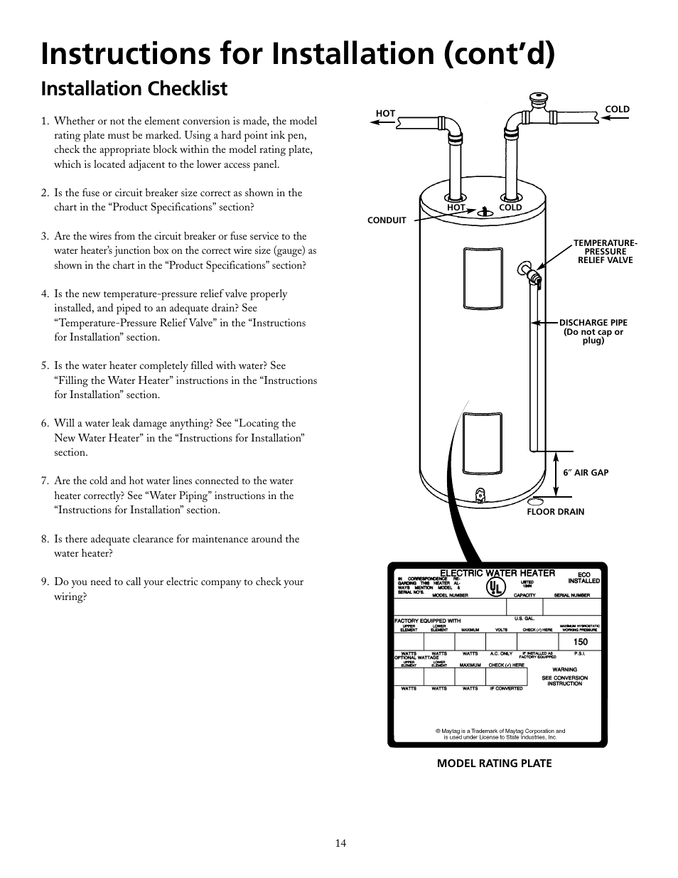 Instructions for installation (cont’d), Installation checklist | Maytag HRX40DERS User Manual | Page 14 / 32