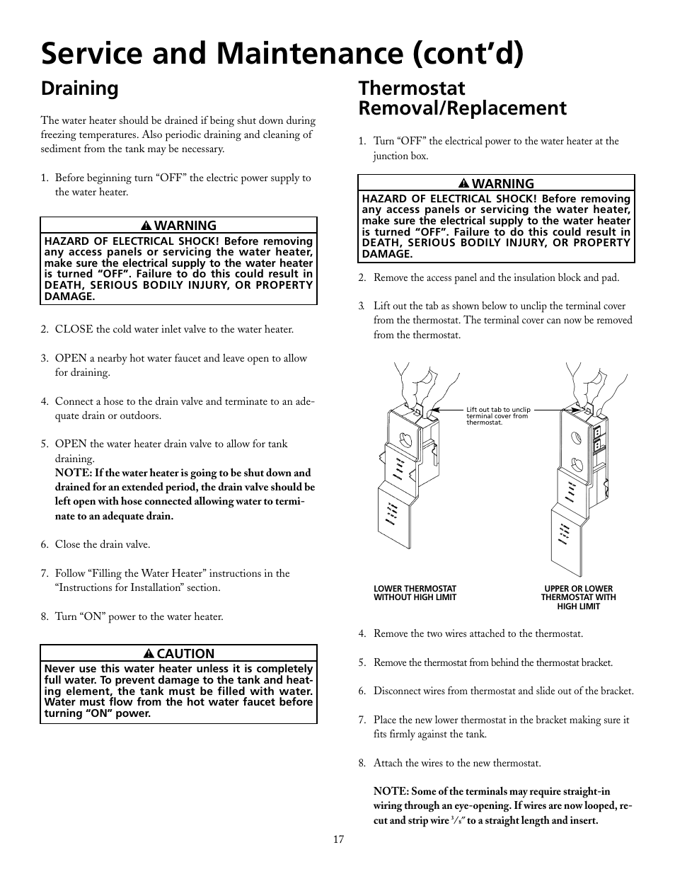 Service and maintenance (cont’d), Draining, Thermostat removal/replacement | Maytag HRX40DERS User Manual | Page 17 / 32