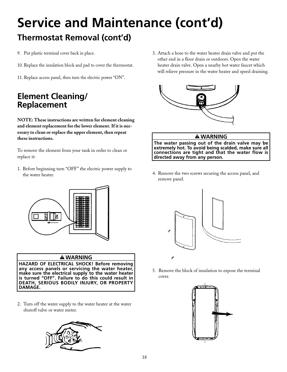 Service and maintenance (cont’d), Element cleaning/ replacement, Thermostat removal (cont’d) | Maytag HRX40DERS User Manual | Page 18 / 32