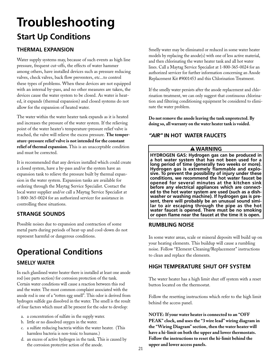 Troubleshooting, Start up conditions, Operational conditions | Maytag HRX40DERS User Manual | Page 21 / 32