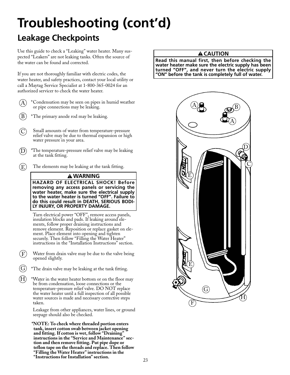 Troubleshooting (cont’d), Leakage checkpoints | Maytag HRX40DERS User Manual | Page 23 / 32