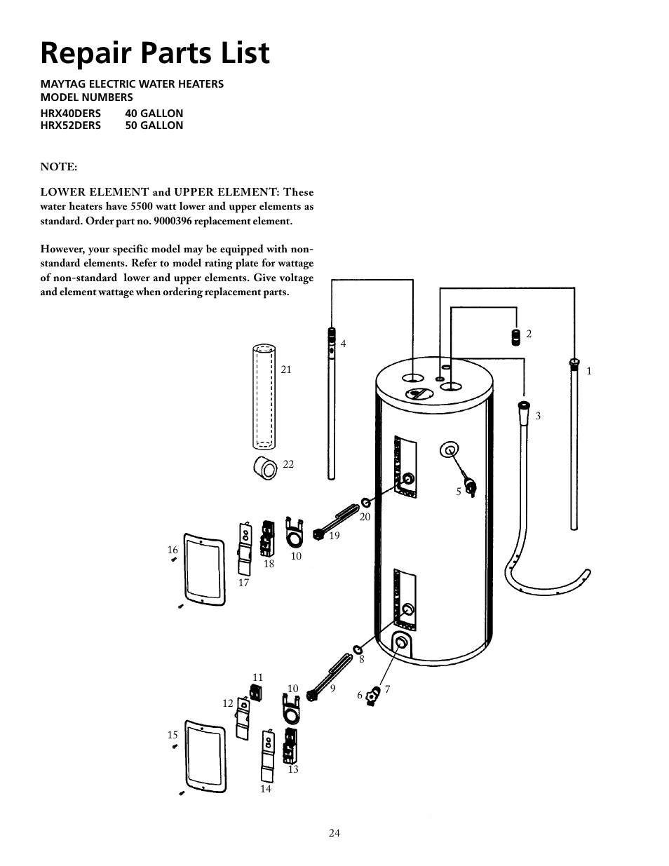 Repair parts list | Maytag HRX40DERS User Manual | Page 24 / 32