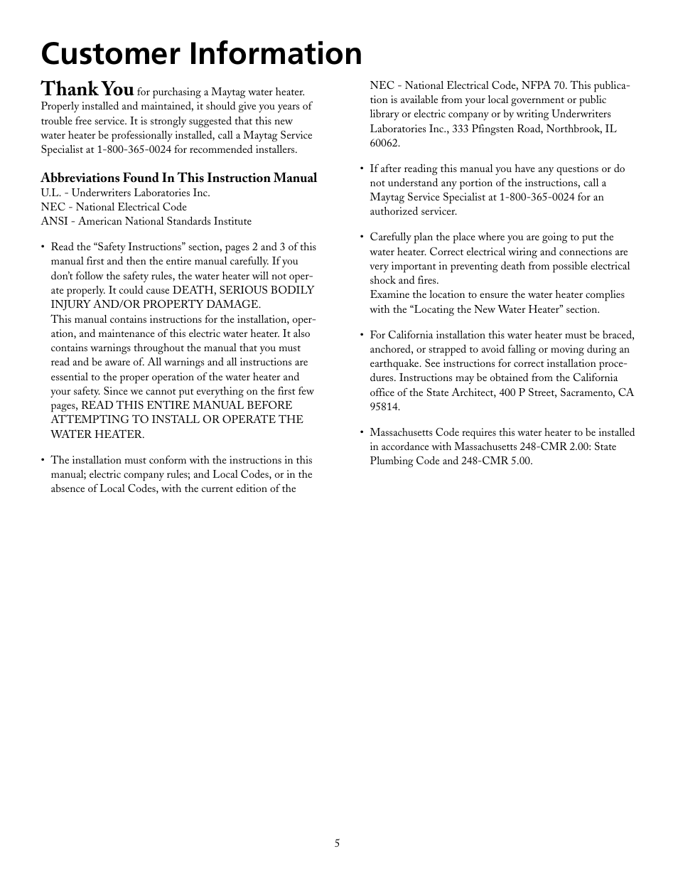 Customer information | Maytag HRX40DERS User Manual | Page 5 / 32