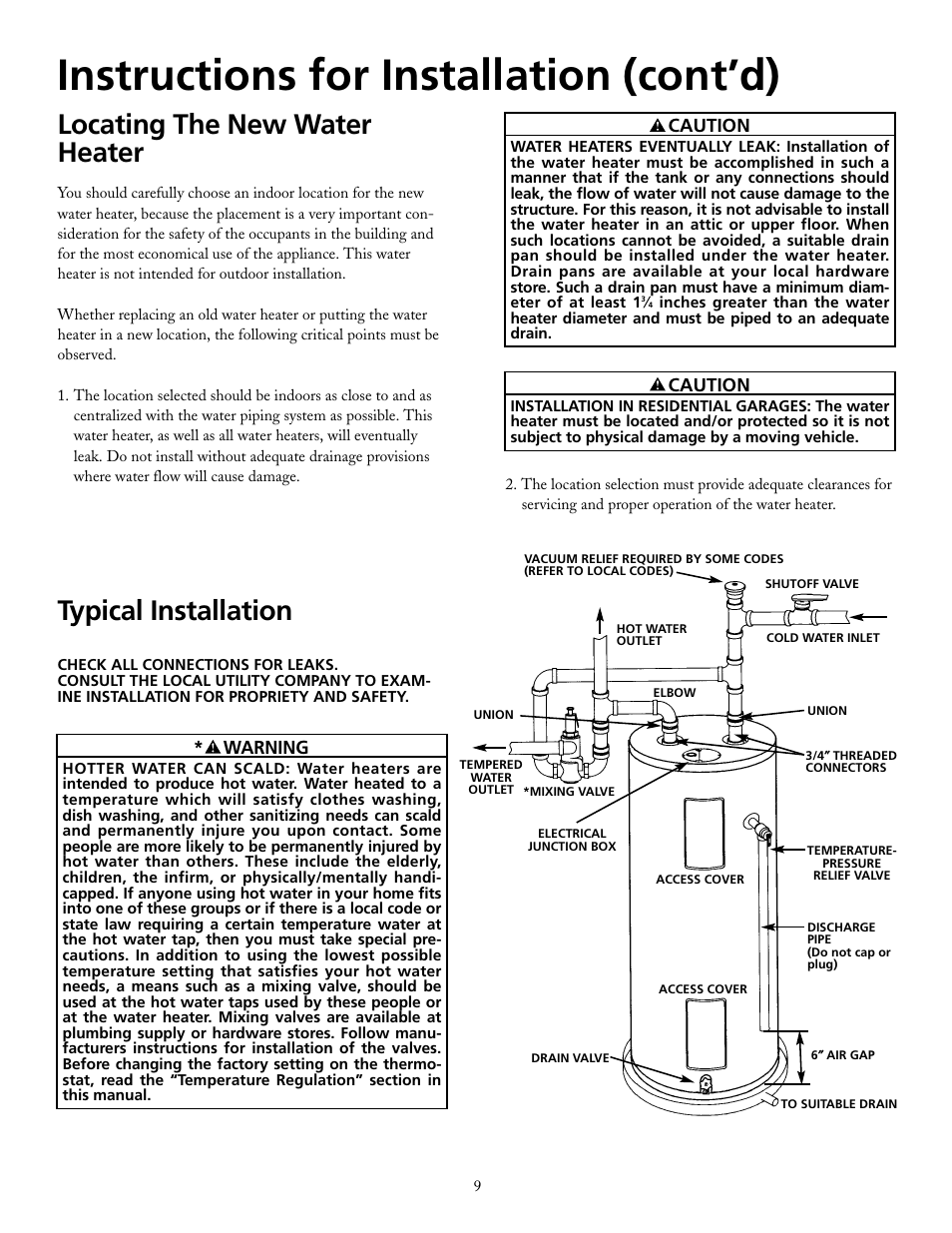 Instructions for installation (cont’d), Locating the new water heater, Typical installation | Caution, Warning | Maytag HRX40DERS User Manual | Page 9 / 32