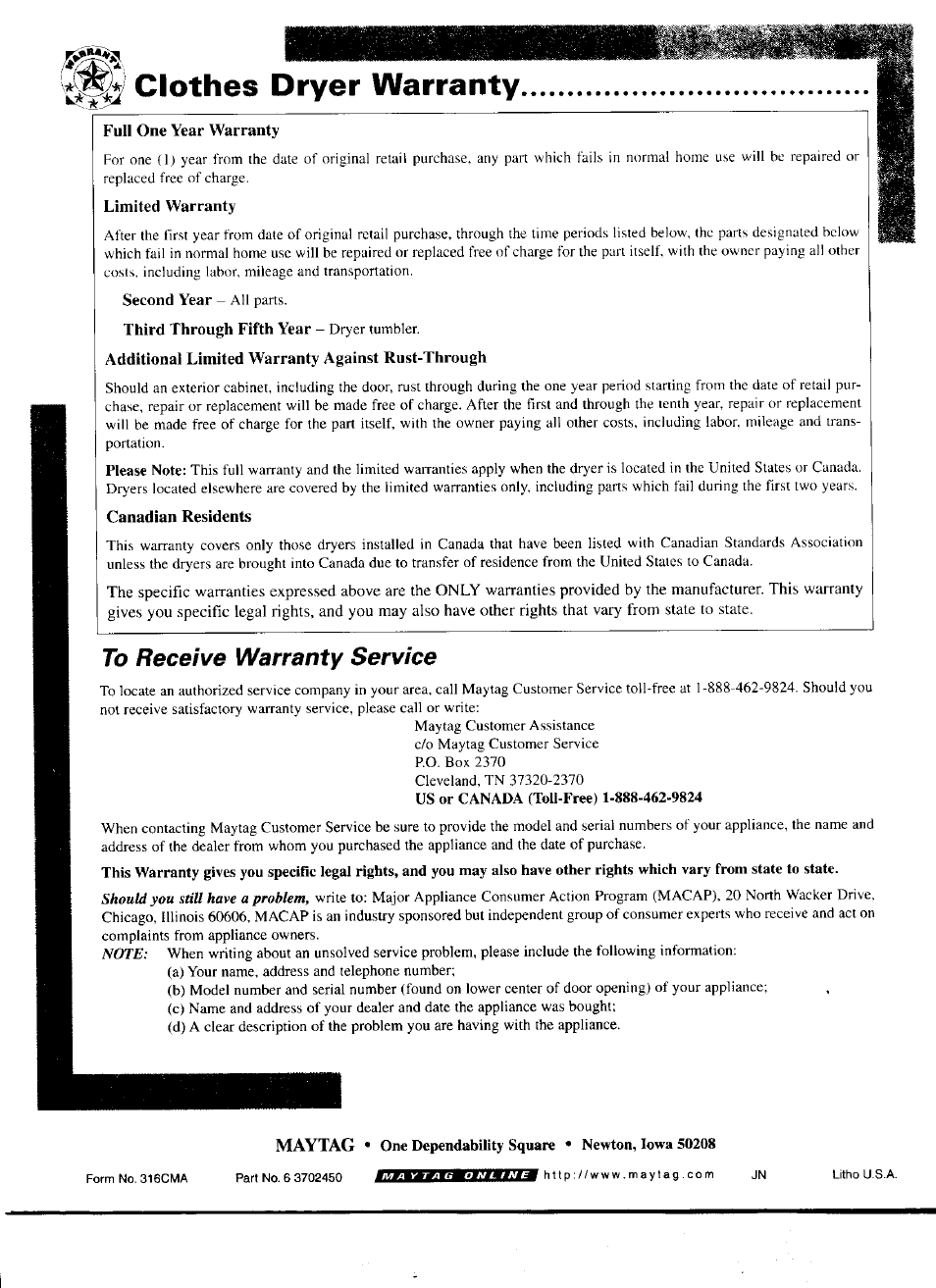 Clothes dryer warranty, To receive warranty service | Maytag INTELLIDRY D-5 User Manual | Page 11 / 11