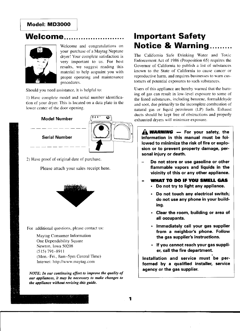 Welcome, Important safety notice & warning, Model: md3000 | Maytag INTELLIDRY D-5 User Manual | Page 2 / 11