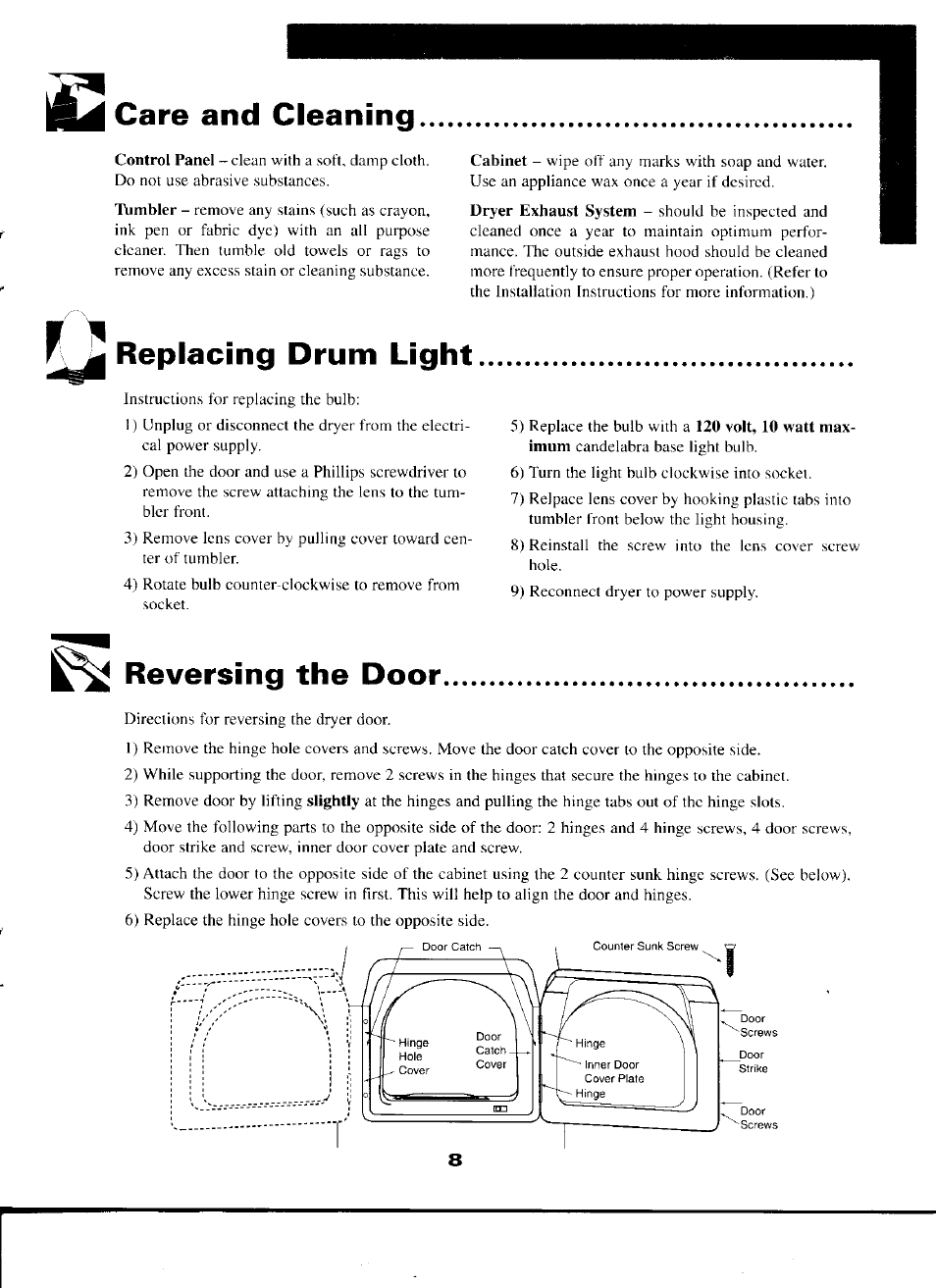 Care and cleaning, Replacing drum light, Reversing the door | Maytag INTELLIDRY D-5 User Manual | Page 9 / 11