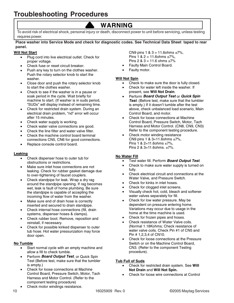 Troubleshooting procedures, Warning | Maytag MAH9700AW* User Manual | Page 10 / 65