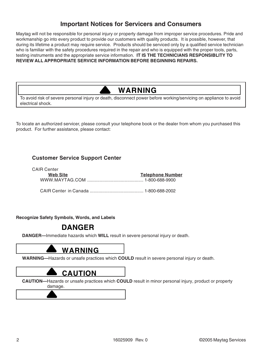 Important information, Warning, Danger | Caution | Maytag MAH9700AW* User Manual | Page 2 / 65