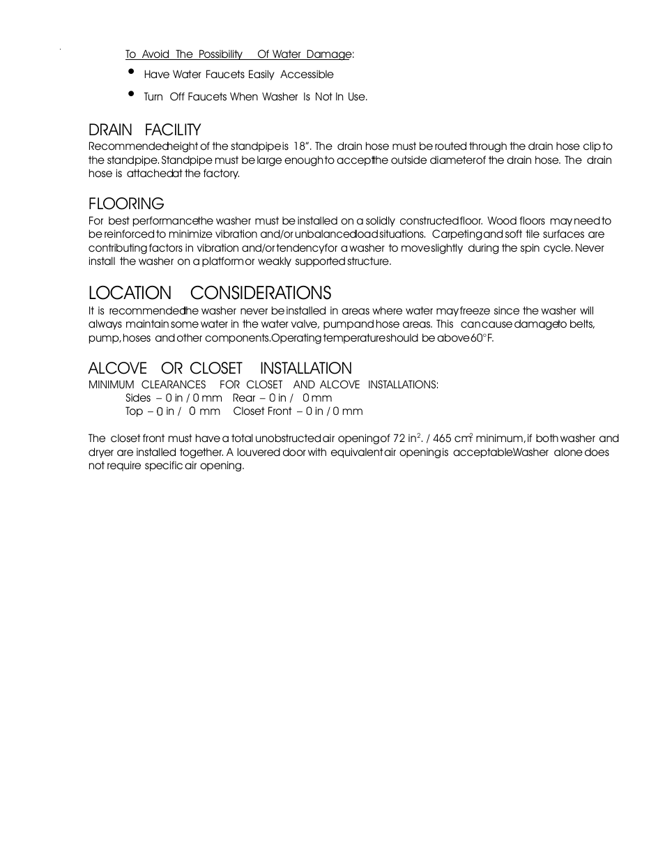 Location considerations, Drain facility, Flooring | Alcove or closet installation | Maytag MAH9700AW* User Manual | Page 45 / 65