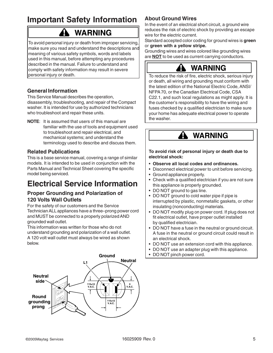 Electrical service information, Important safety information | Maytag MAH9700AW* User Manual | Page 5 / 65