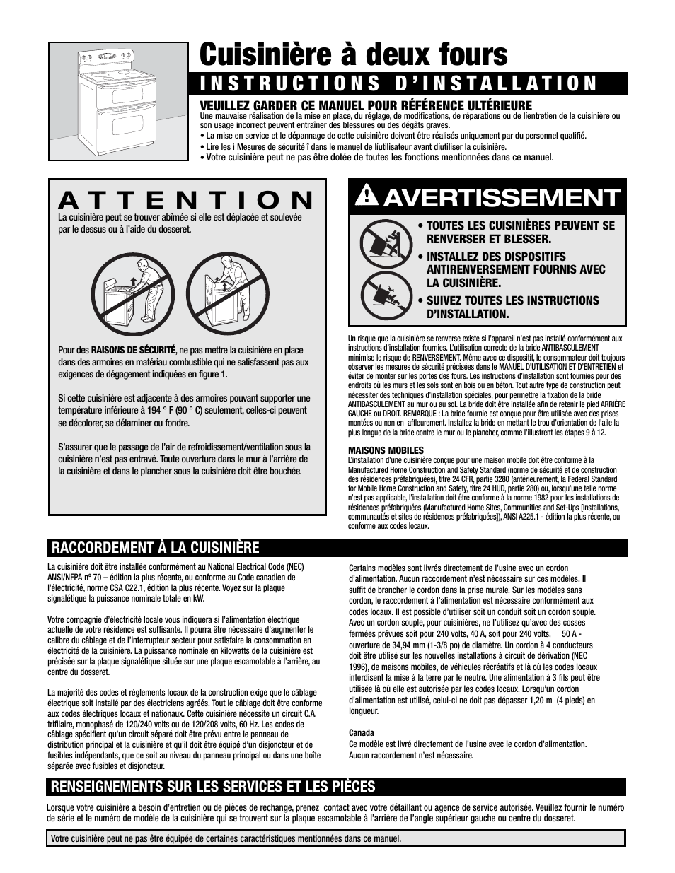 Cuisinière à deux fours, Avertissement, Raccordement à la cuisinière | Renseignements sur les services et les pièces | Maytag MER6775 User Manual | Page 4 / 14