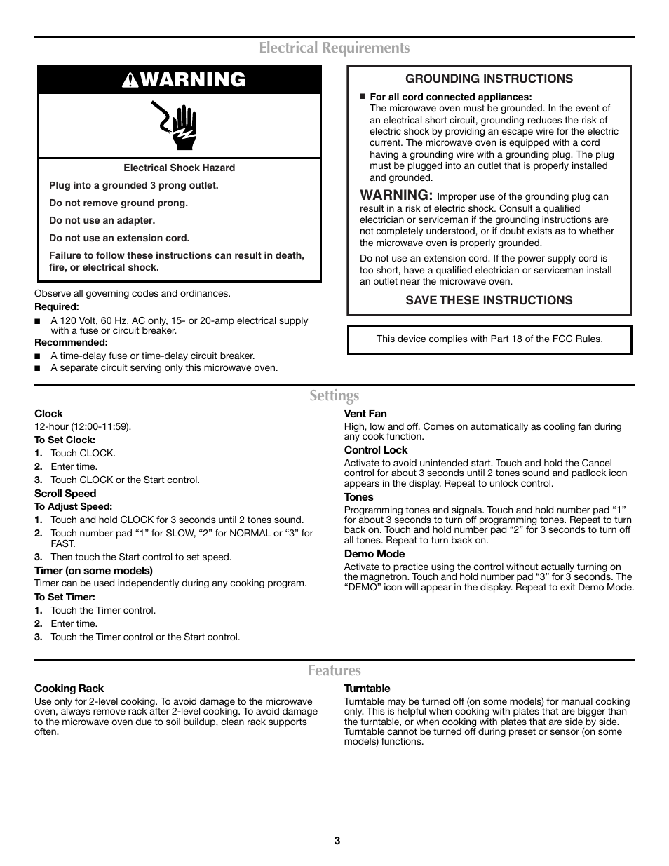 Warning, Electrical requirements, Settings | Features | Maytag W10249248A User Manual | Page 3 / 6