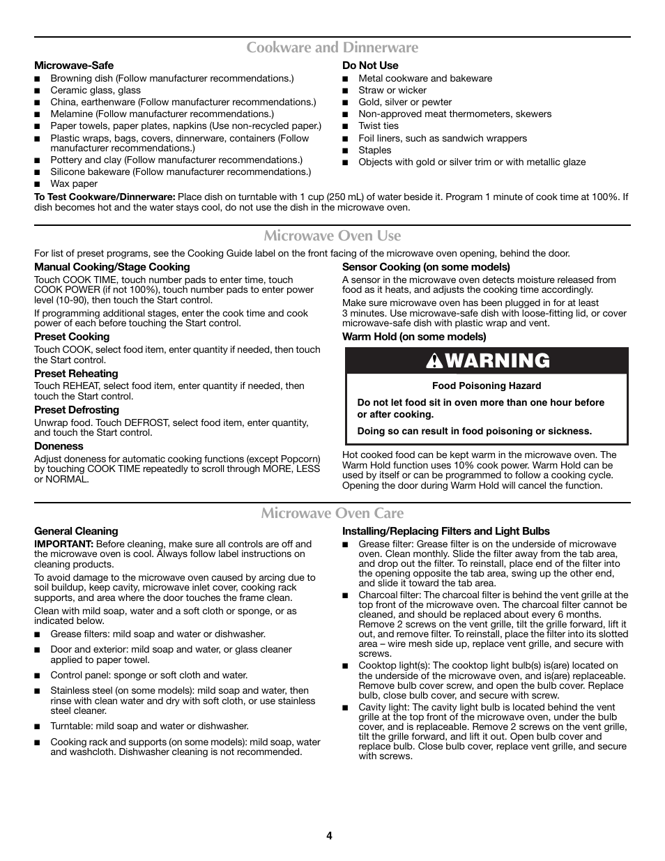 Warning, Cookware and dinnerware, Microwave oven use | Microwave oven care | Maytag W10249248A User Manual | Page 4 / 6