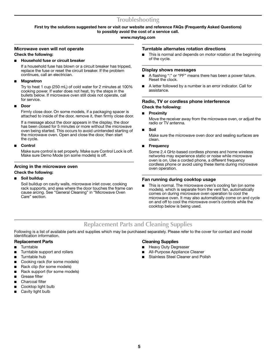 Troubleshooting, Replacement parts and cleaning supplies | Maytag W10249248A User Manual | Page 5 / 6