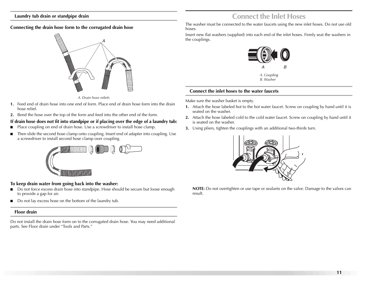 Connect the inlet hoses | Maytag W10117890A User Manual | Page 11 / 20