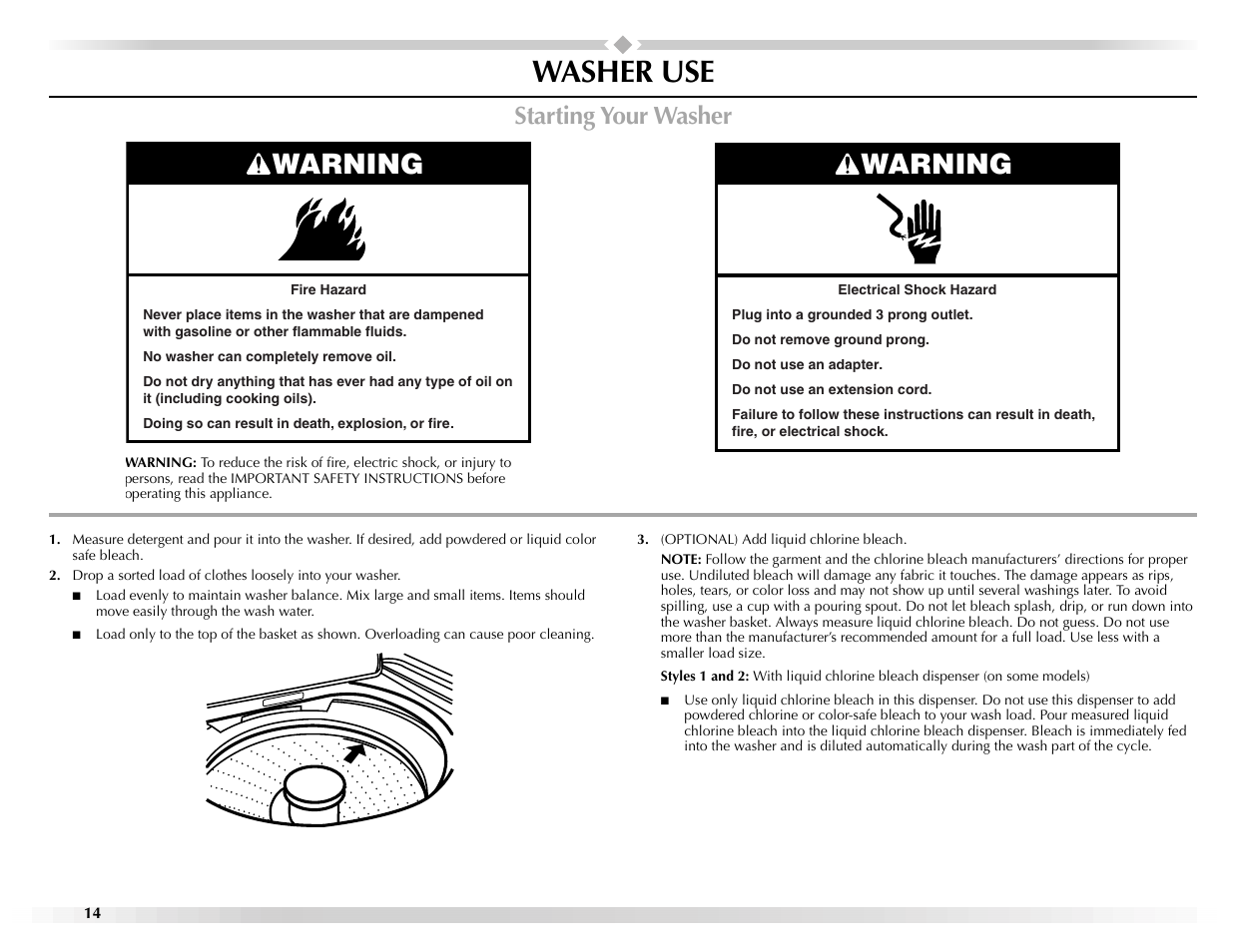 Washer use, Warning, Starting your washer | Maytag W10117890A User Manual | Page 14 / 20