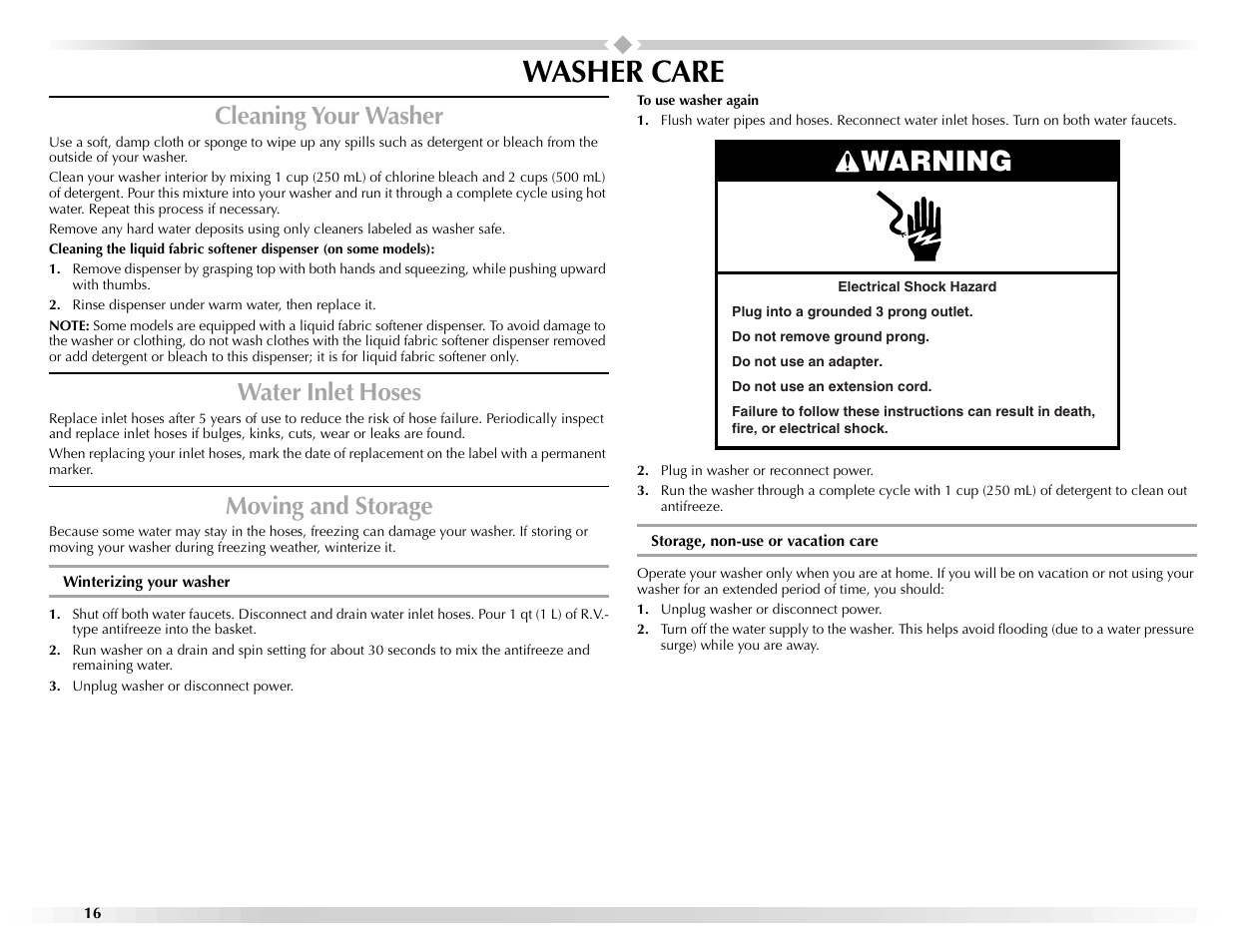 Washer care, Warning, Cleaning your washer | Water inlet hoses, Moving and storage | Maytag W10117890A User Manual | Page 16 / 20