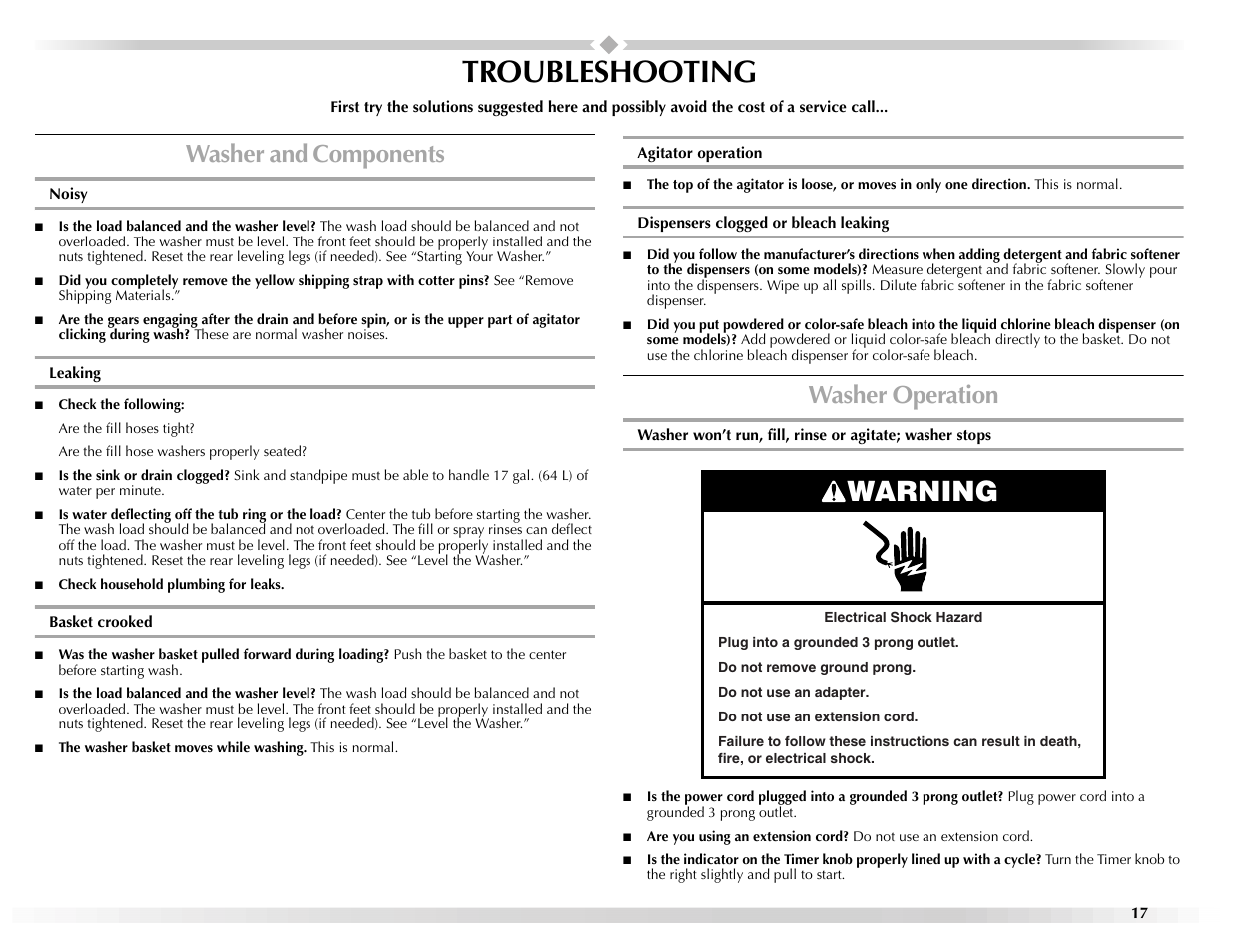 Troubleshooting, Warning, Washer and components | Washer operation | Maytag W10117890A User Manual | Page 17 / 20