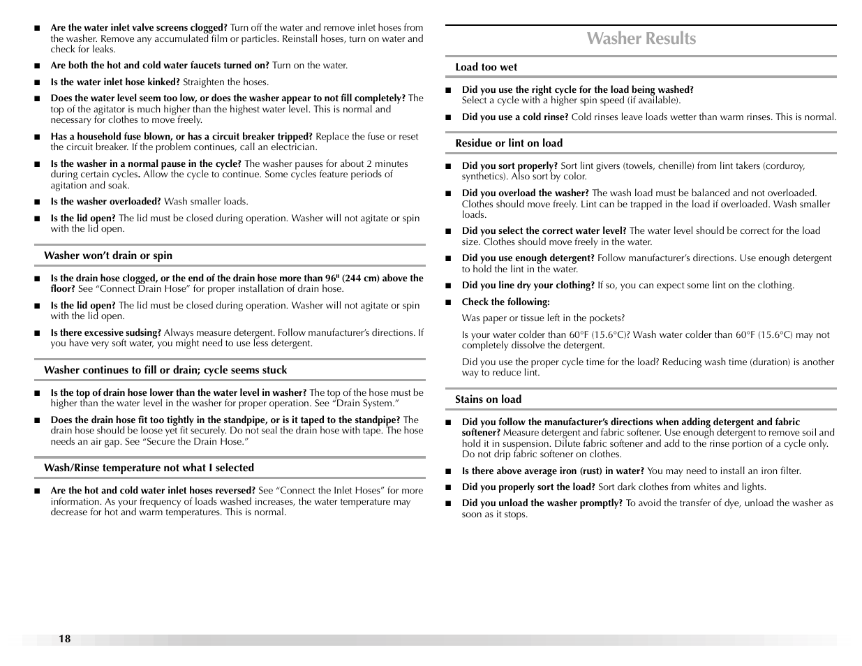 Washer results | Maytag W10117890A User Manual | Page 18 / 20