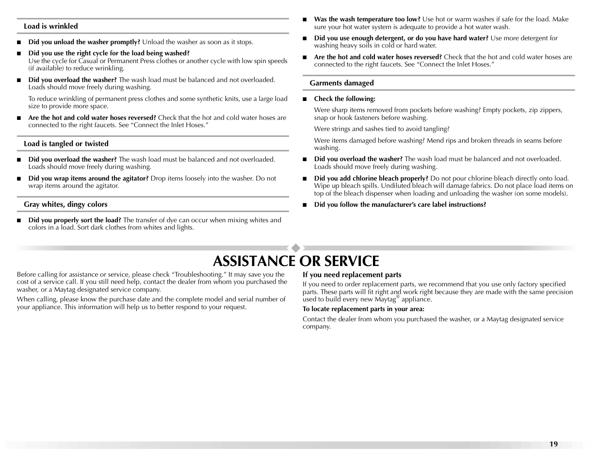 Assistance or service | Maytag W10117890A User Manual | Page 19 / 20