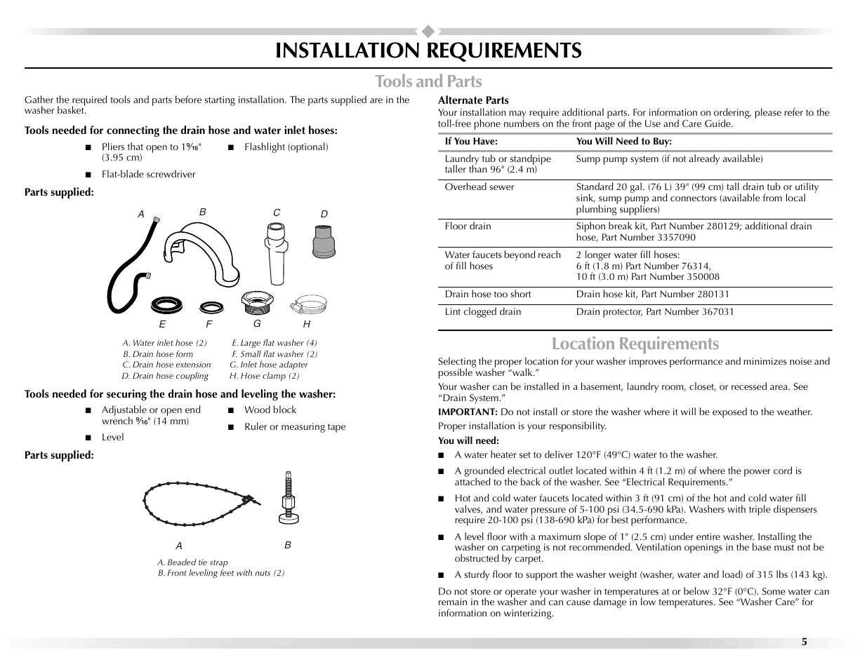 Installation requirements, Tools and parts, Location requirements | Maytag W10117890A User Manual | Page 5 / 20