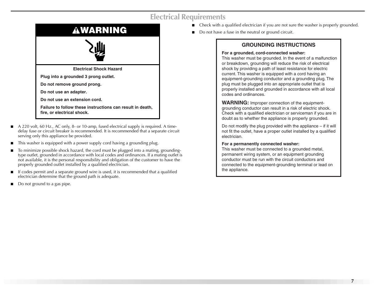Warning, Electrical requirements | Maytag W10117890A User Manual | Page 7 / 20