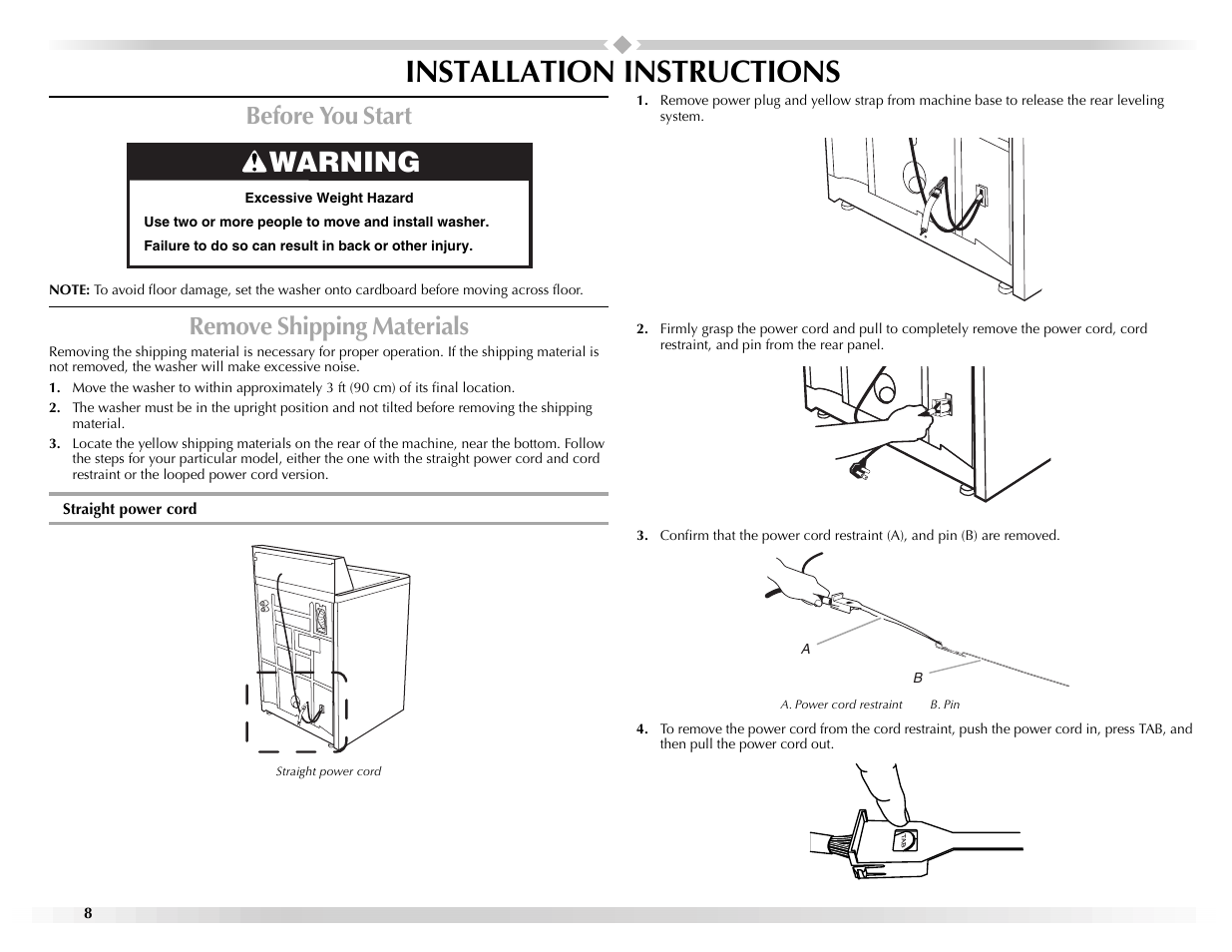 Installation instructions, Warning, Before you start | Remove shipping materials | Maytag W10117890A User Manual | Page 8 / 20
