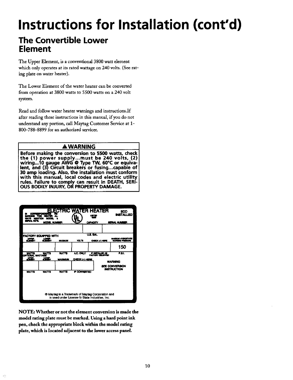 The convertible lower element, Instructions for installation (cont'd) | Maytag SERIES NINE HE2940L User Manual | Page 10 / 36