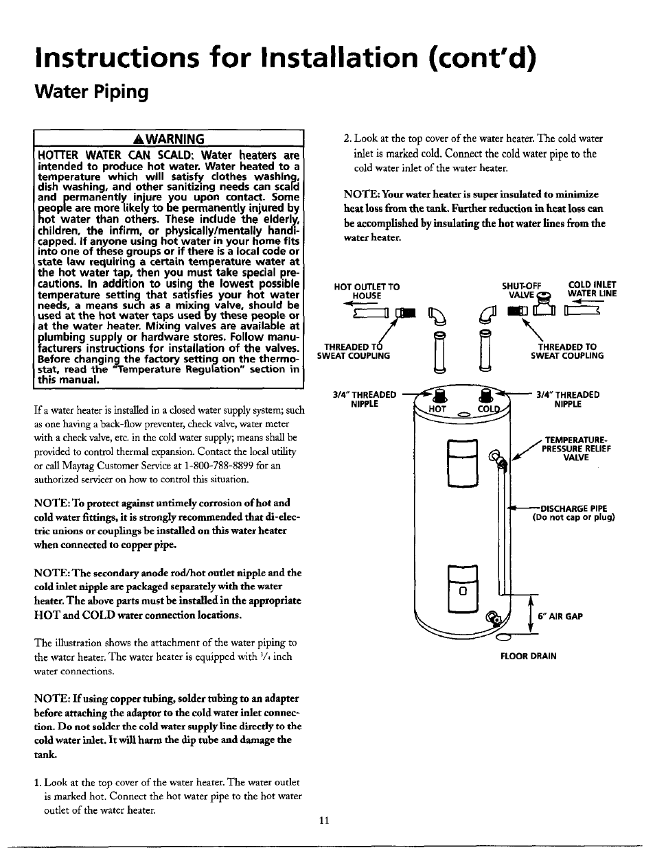 Instructions for installation (cont'd), Water piping | Maytag SERIES NINE HE2940L User Manual | Page 11 / 36