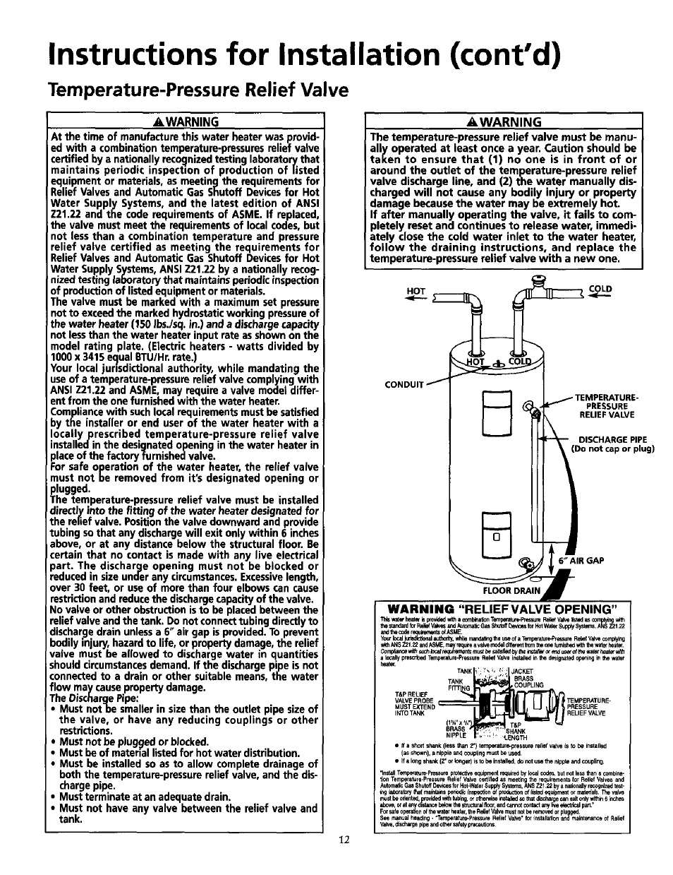 Awarning, Instructions for installation (cont'd), Temperature-pressure relief valve | Warning | Maytag SERIES NINE HE2940L User Manual | Page 12 / 36